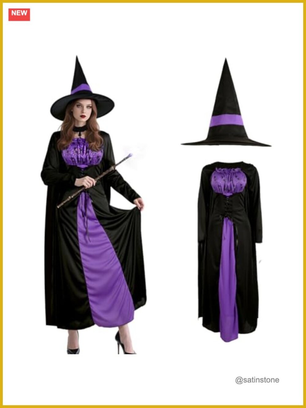 Women's Witch Costume Set Long Sleeve Dress with Attached Cape and Hat
